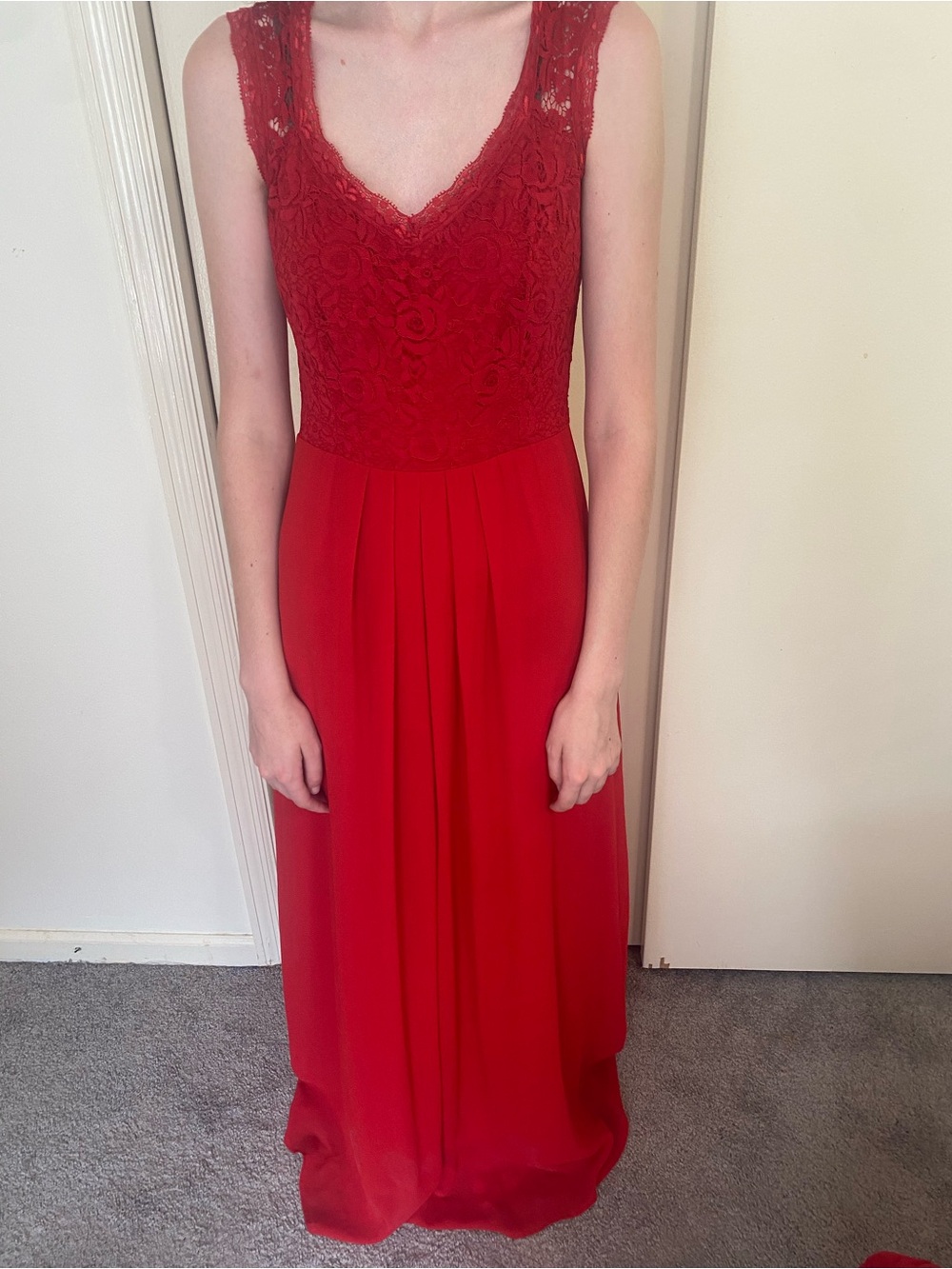 Miusol Red Lace V-Neck Sleeveless Maxi Dress formal prom dance party gown